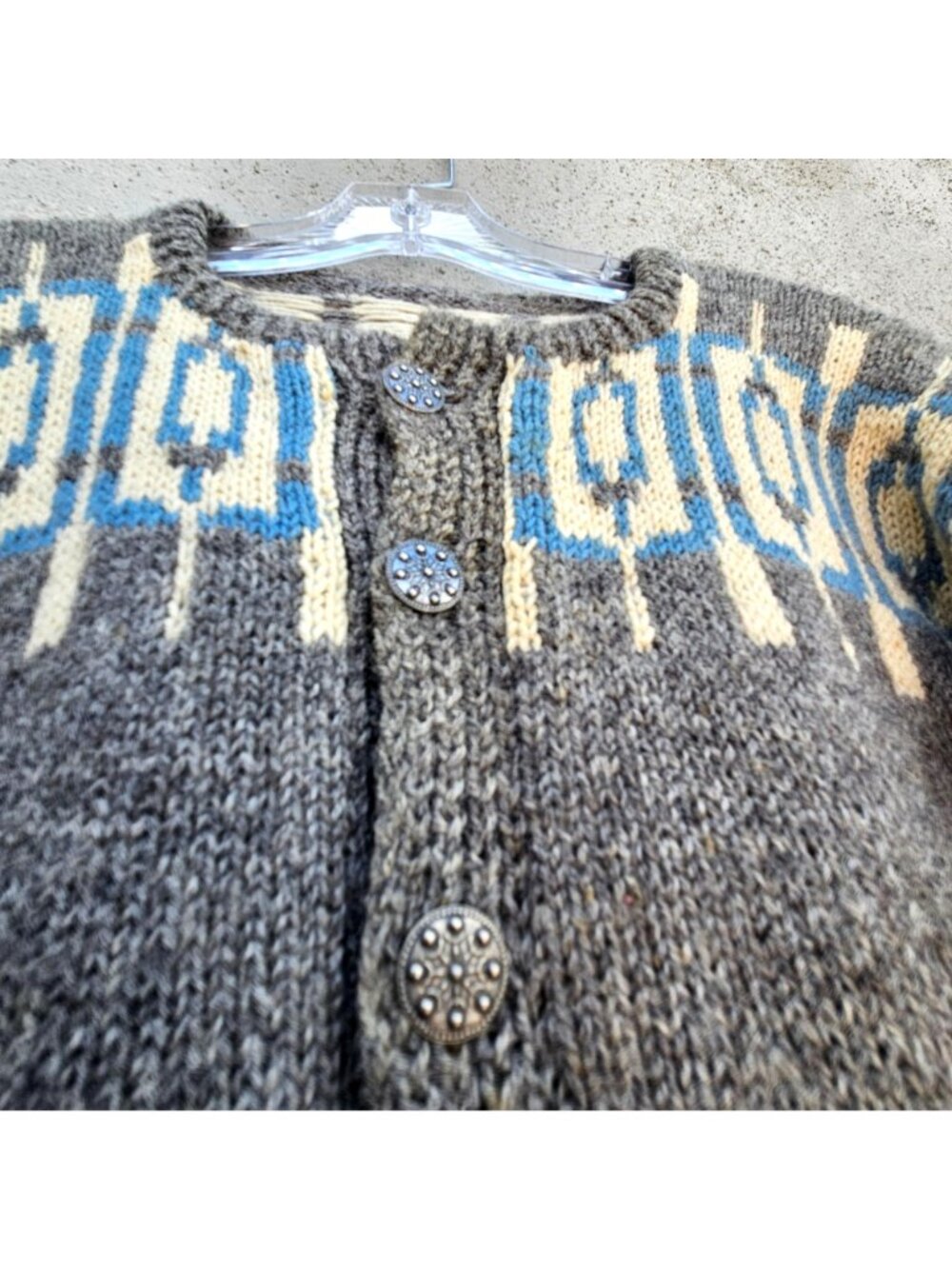 Vintage Hand Knit Nordic Wool Cardigan Gray Geometric Unisex XL - Picture 2 of 15